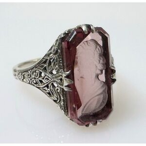 Vintage Creations H73 Sterling Intaglio Ring Purple Amethyst Tone Glass Cameo 9